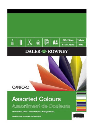 Canford Assorted Colour Pad A4 featuring vibrant matt colors, ideal for artists, crafters, and presentations.