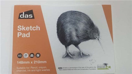 Das Sketch Pad (Kiwi) A5 with 20 sheets of 110gsm paper for vibrant sketches and illustrations, perfect for artists on the go.