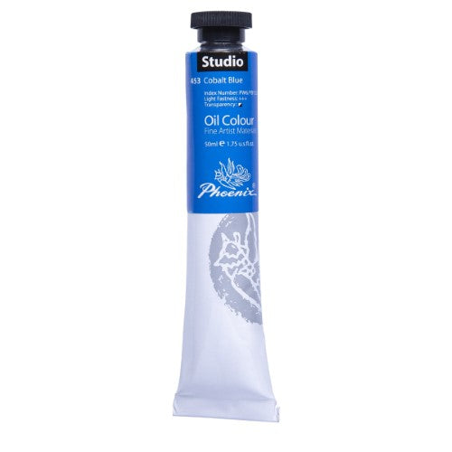 50ml tube of Phoenix Oil Paint in vibrant Cobalt Blue, ideal for artists seeking rich pigmentation and blendability.