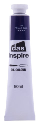 50ml tube of Das Inspire Oil Paint in vibrant Pthalo Blue, perfect for artists with excellent lightfastness and tinting strength.