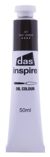 50ml tube of Das Inspire Oil Paint in Raw Umber, ideal for layering and enhancing artwork with warm earthy tones.