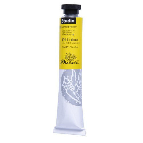 Vibrant 50ml tube of Phoenix Oil Paint in Lemon Yellow, perfect for artists seeking bright, lasting color for their creations.