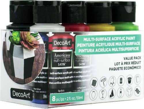 Decoart 8-Pack Americana Multi-Surface acrylic paints in vibrant colors for versatile crafting on multiple surfaces.