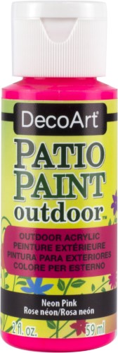 Vibrant 2oz neon pink patio paint for outdoor furniture and decor, weather-resistant and easy to clean.