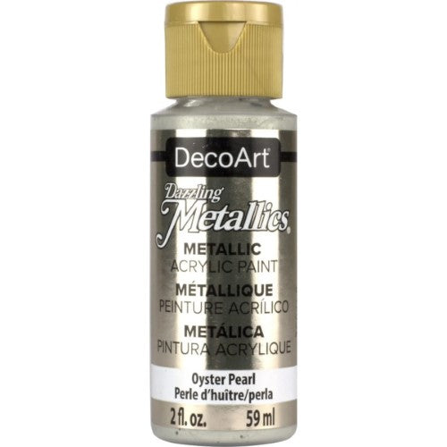 DecoArt Dazzling Metallics 2oz in Oyster Pearl, a shimmering acrylic paint perfect for various surfaces and creative projects.