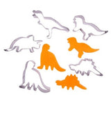 Set of 5 dinosaur-shaped metal cutters for baking, made from durable stainless steel, perfect for themed treats.