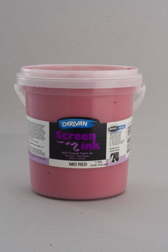 Vibrant 1L Mid Red screen printing ink, non-toxic and water-based for fabric art and t-shirt printing.