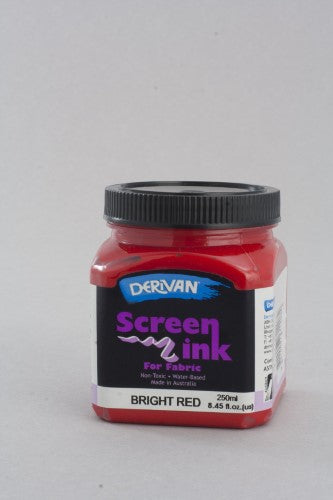 Bright red, non-toxic screen printing ink in a 250ml bottle, perfect for fabric projects and safe for all ages.