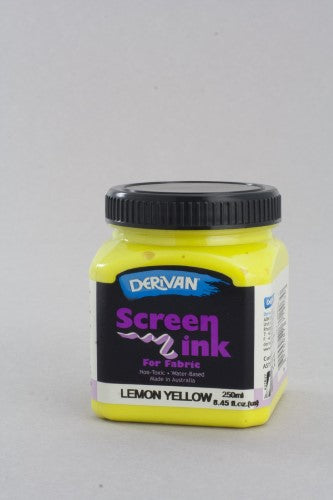 Vibrant 250ml Lemon Yellow screen ink for silk screen printing, non-toxic and water-based, ideal for fabric arts.