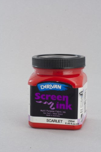 Derivan Screen Ink 250ml in Scarlet for vibrant, safe silk screen printing on fabric, ideal for artists and classroom projects.