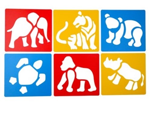 Set of 5 washable stencils featuring intricately designed endangered animals for creative and educational art projects.