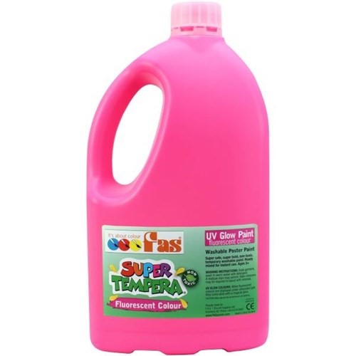 Vibrant 2ltr Fluo Pink tempera paint, ideal for all artistic projects, dries quickly and shines under UV light.