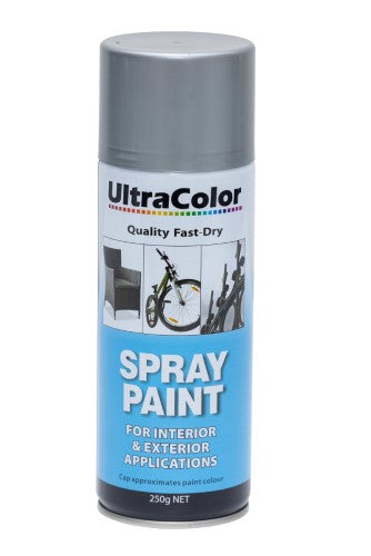 Ultracolor 250g Silver spray paint for artists and DIYers, offering high-gloss finish and precision control.