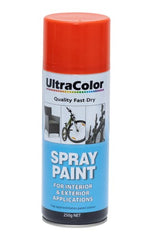 Ultracolor 250g Scarlet spray paint, fast-drying enamel with adjustable nozzle for high gloss finishes in DIY projects.