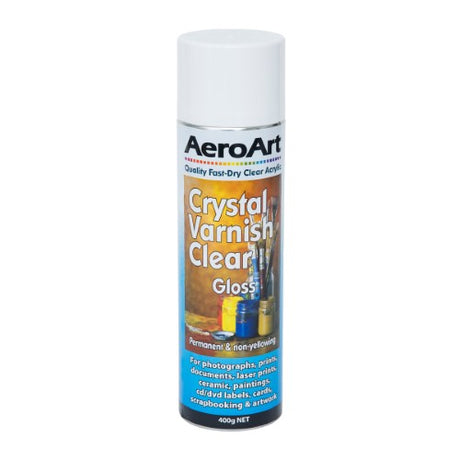 Aero Art Crystal Varnish Gloss 400g providing a glossy, protective finish for vibrant artwork and crafts.