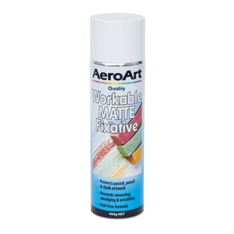 Aero Art Fixative Matte 400g spray for preserving artwork, prevents smudging on various surfaces.