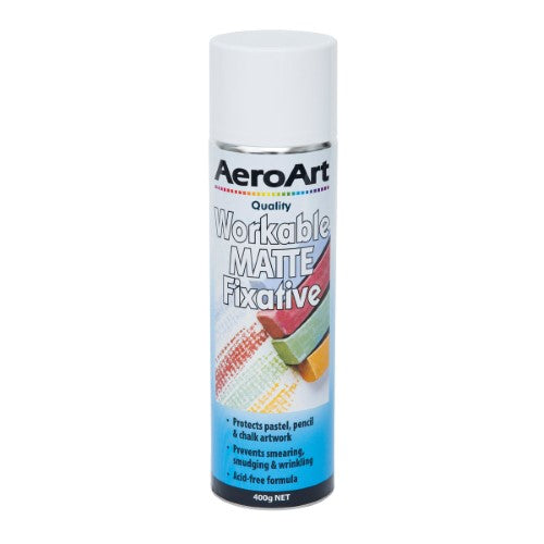 Aero Art Fixative Matte 400g spray for preserving artwork, prevents smudging on various surfaces.