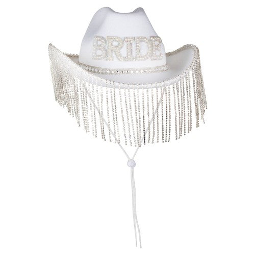 White cowboy hat for hen party adorned with sparkling diamante tassels, perfect for celebrating the bride-to-be.