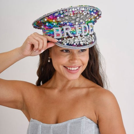 Multi-coloured embellished hen party bride hat, stylish accessory for the bride-to-be's celebration.
