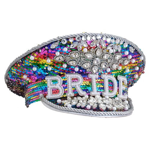 Multi-coloured embellished bride hat for hen parties, stylish accessory for the bride-to-be's celebrations.