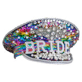 Multi-coloured embellished bride hat for hen parties, stylish accessory for the bride-to-be's celebrations.