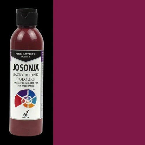 250ml bottle of Jo Sonja's Claret Rose acrylic paint, vibrant color, suitable for all surfaces and skill levels.