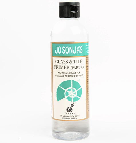 Jo Sonja's 250ml Glass & Tile Primer for acrylic painting on glass and ceramics, enhancing adhesion and durability.