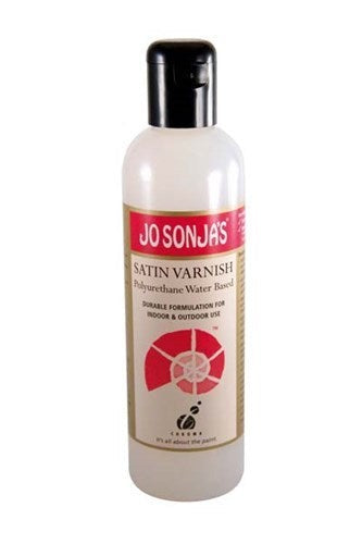 Jo Sonja's Satin Varnish 250ml for acrylics, provides a clear satin finish and protects artworks from dust and UV rays.