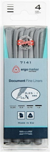 Koh I Noor Fineliners set of 4 with ergonomic grip, flexible tips, and light-fast black ink for detailed creative projects.