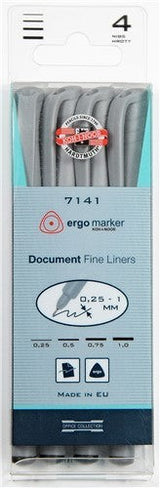 Koh I Noor Fineliners set of 4 with ergonomic grip, flexible tips, and light-fast black ink for detailed creative projects.