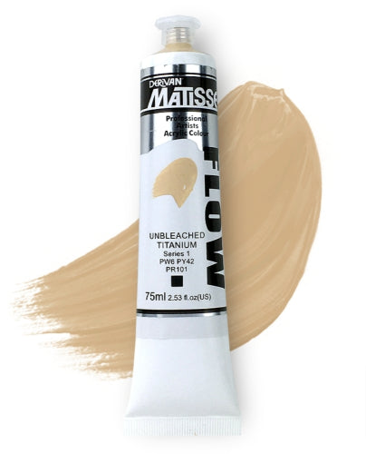 Matisse Flow Acrylic Paint in Unbleached Titanium S1, 75ml tube designed for smooth application and vibrant colors.