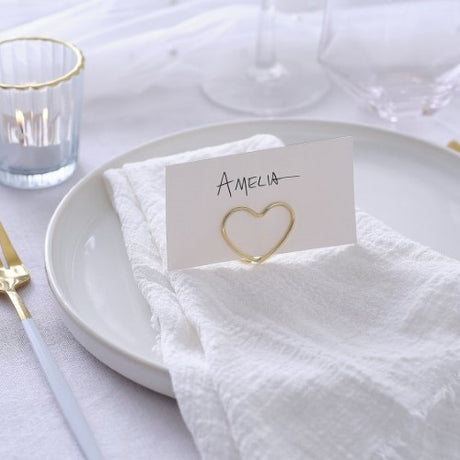 Elegant champagne gold metal wire place card holders for weddings and events, includes 6 textured white cards.