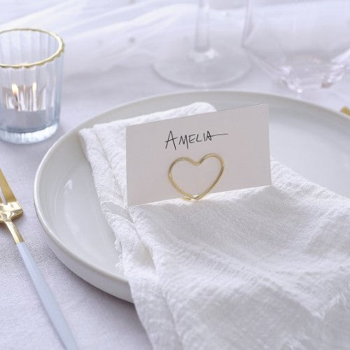 Elegant champagne gold metal wire place card holders for weddings and events, includes 6 textured white cards.
