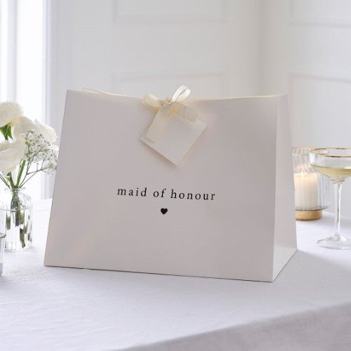 Elegant Modern Luxe Maid of Honour Gift Bag with off-white ribbon, tissue paper, and card tag for special occasions.
