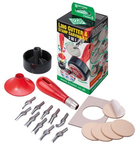 ESSDEE 3in1 LINO/STAMP CARVING KIT with 10 precise cutters for detailed stamp-making and creative crafting.