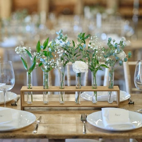 Rustic Romance Stem Holder Centrepiece with wooden base and 6 glass test tubes for elegant floral displays.