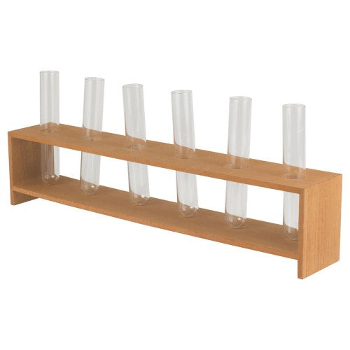Rustic Romance Stem Holder Centrepiece showcasing six glass test tubes, crafted from high-quality wood for elegant floral displays.