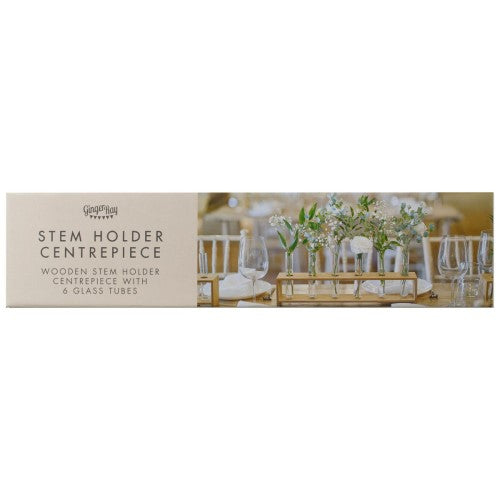 Rustic Romance Stem Holder Centrepiece featuring a wooden base and six glass test tubes for elegant floral displays.