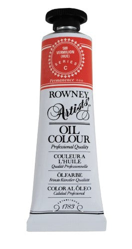 Rown Art Oils 38ml Vermilion (Hue) tube showcasing vibrant color, ideal for impasto techniques and smooth blendability.