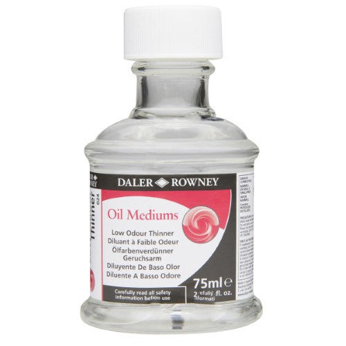 Rown 75ml Low Odour Thinner for oil painting, reduces odour, enhances paint texture, and cleans brushes easily.