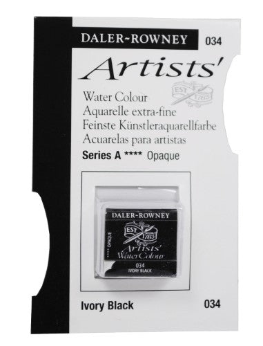 Daler Rowney Ivory Black Watercolour half pan, perfect for vibrant washes and seamless gradations in your art.