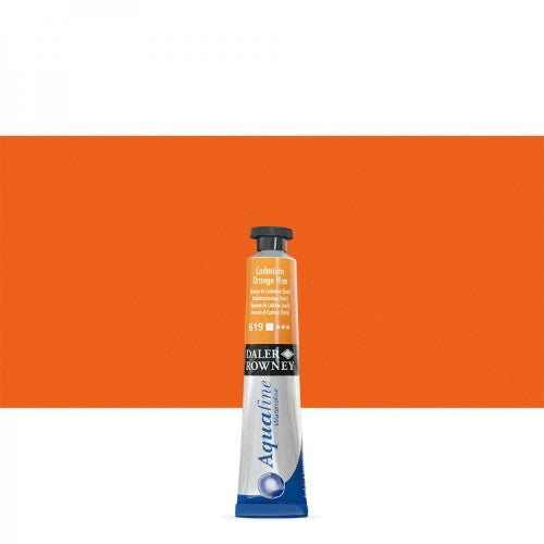 Vibrant 8ml tube of Daler-Rowney Aquafine Cad Orange Hue watercolour, ideal for blending and layering in art projects.