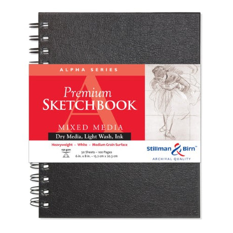 Alpha Spiral 6x8 inch sketchpad with 50 sheets of 150gsm premium paper for versatile artistic projects.