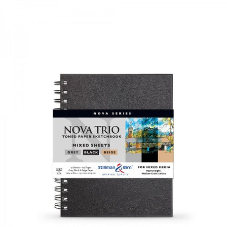 Stillman & Birn Nova Trio Spiral Sketchbooks with 150gsm mixed media paper in beige, grey, and black for versatile art creation.