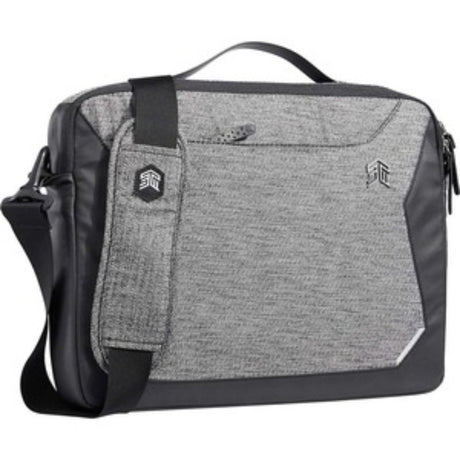 Water-resistant STM Goods Myth Briefcase in Granite Black, designed for 13-inch Apple Notebooks with multiple carrying options.
