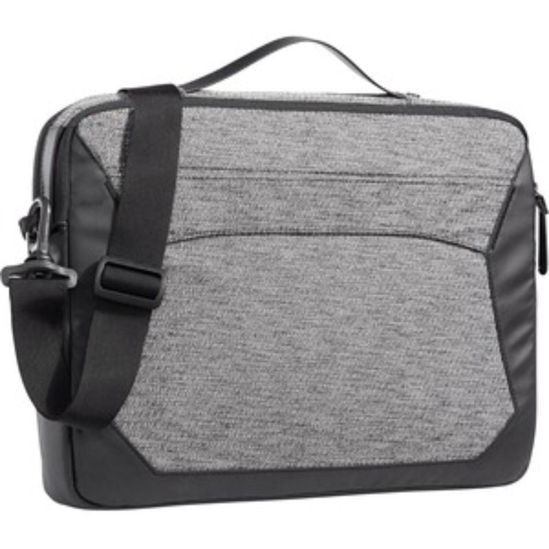 Water-resistant STM Goods Myth Briefcase in Granite Black, designed for 13-inch Apple Notebooks with multiple carrying options.