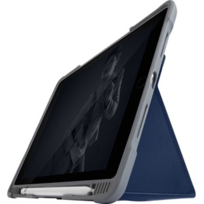 Midnight Blue Dux Plus Duo case for iPad 7th Gen, Mil-Spec protection, magnetic closure, clear back for customization.