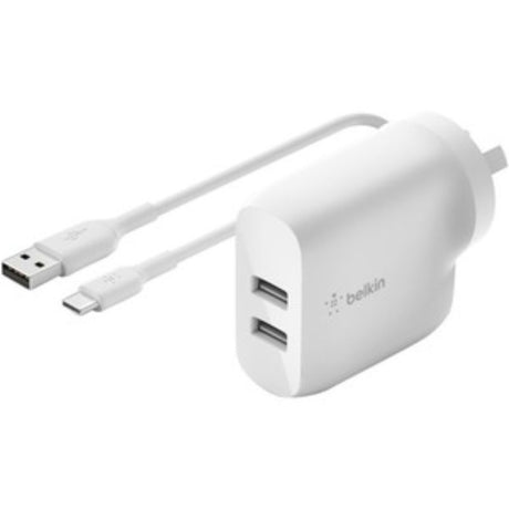 Belkin BOOST?CHARGE Dual USB-A AC Adapter in white, 4.80A output for fast charging smartphones and tablets, compact design.
