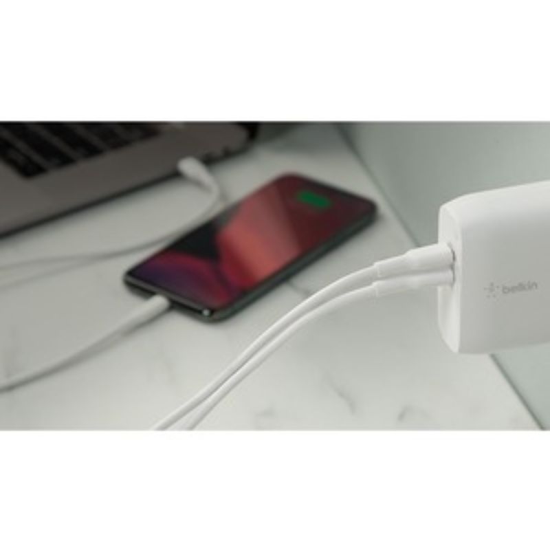 Belkin BOOST?CHARGE Dual USB-A AC Adapter in white, fast charging for smartphones and tablets with dual ports, 4.80A output.
