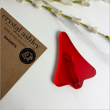 Red satin acrylic jet plane magnet, 90mm x 63mm, ideal for holding notes and photos, blends nostalgia with modern decor.